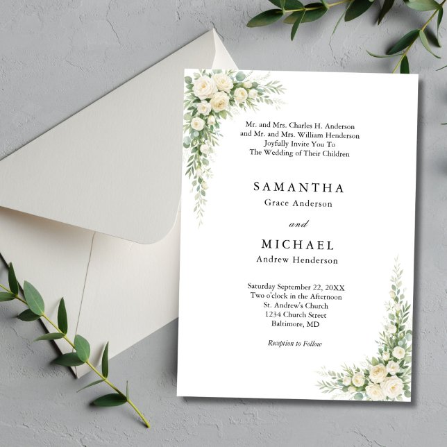 Invitation White Cream Florals Both Parents Names Wedding (White Cream Watercolor Florals Roses Elegant Traditional Classic Wedding Invitation)