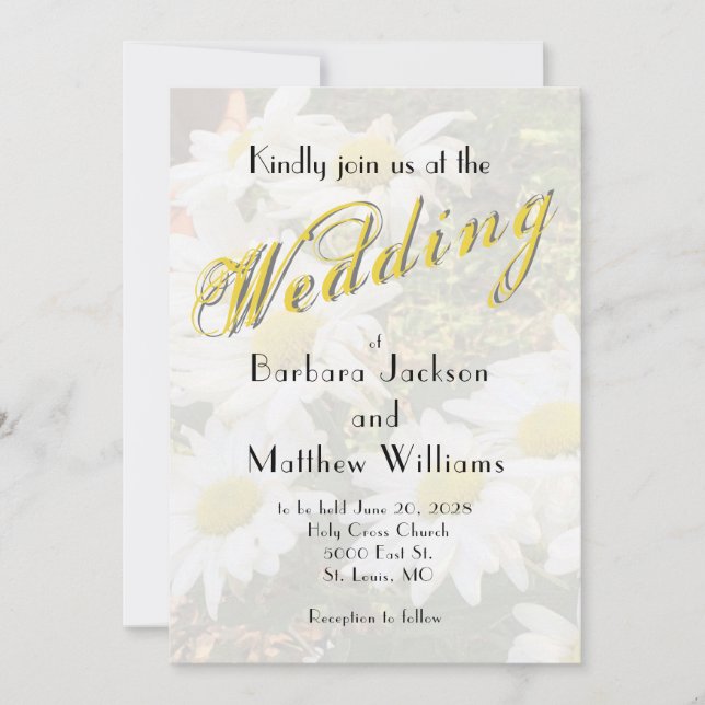 Invitation White Daisy Yellow Gold Script BoHo Printemps Mari (Devant)