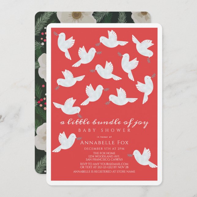 Invitation White Dove Olive Red Bundle of Joy Baby shower (Devant / Derrière)