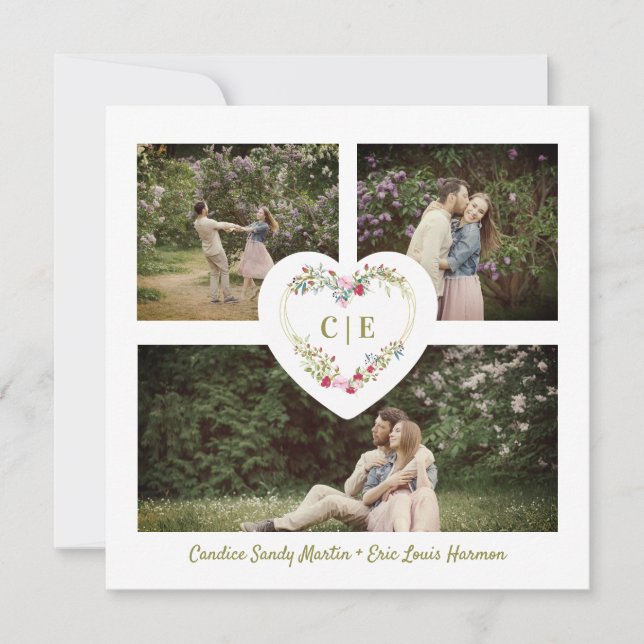 Invitation White Elegant Floral Pink Heart 3 Photos  Wedding (Devant)