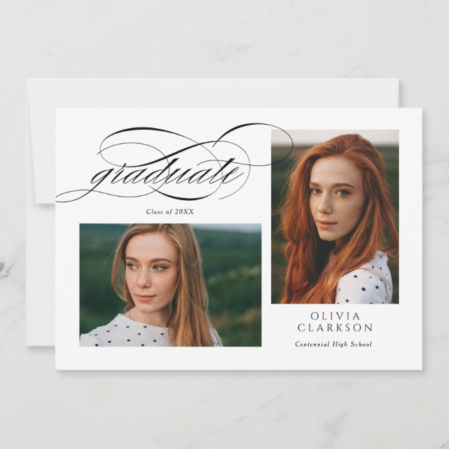 Invitation White Elegant Script 3 Photo Graduation Party (Devant)