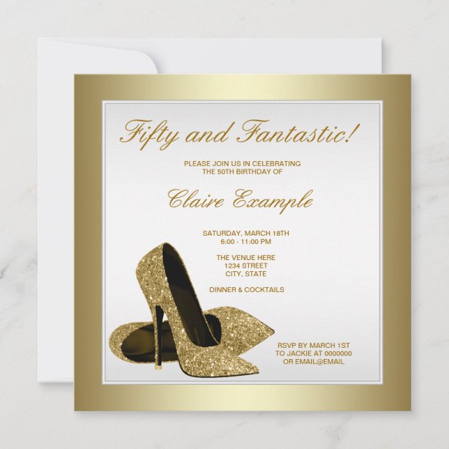 Invitation White et or talons hauts femmes 50e anniversaire (Devant)