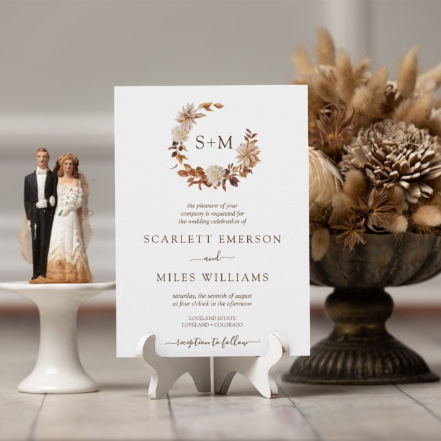 Invitation White Fall Terracotta Monogramme Mariage de couron (Elegant Fall Leaves Wedding Invitation
)