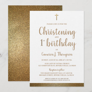 Invitation White Faux Gold Cross Christening & 1er anniversai