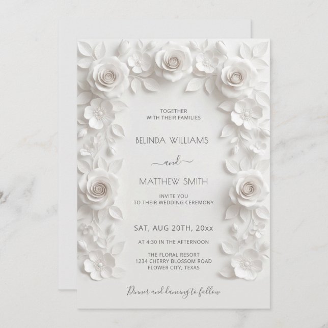 Invitation White Faux Relief Roses Frame Wedding Minimalist (Devant / Derrière)