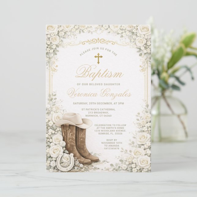 Invitation White Floral Baptism Invite with Cowboy Boots (Debout devant)