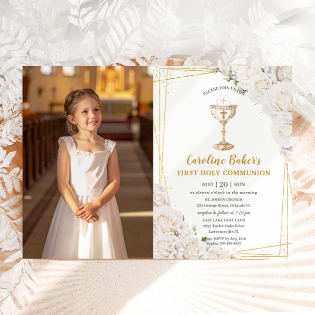 Invitation White Floral First Holy Communion Gold Chalice (Créateur téléchargé)