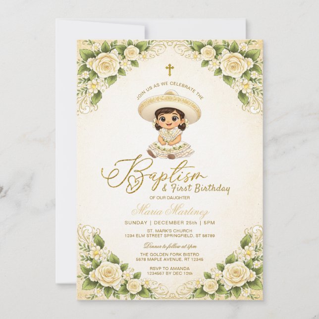 Invitation White Floral Gold Girl Charra Baptism 1st Birthday (Devant)
