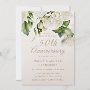 Invitation White Floral Gold Shimmer 50e anniversaire Mariage