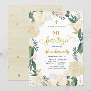 Invitation White Floral Mi Bautizo Espagnol Invitacion Invita