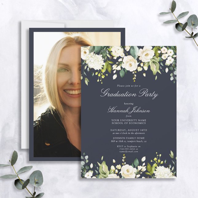 Invitation White Floral Navy Blue Photo Graduation Party (Créateur téléchargé)
