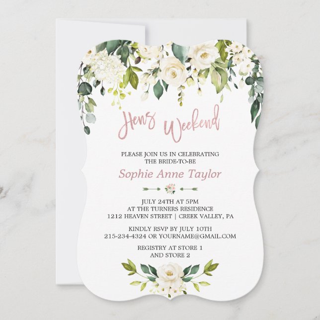 Invitation White Floral Rose Gold Bachelorette Week-end (Devant)