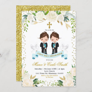 Invitation White Floral Twin Boy First Holy Communion