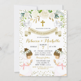 Invitation White Floral Twin Girl First Holy Communion