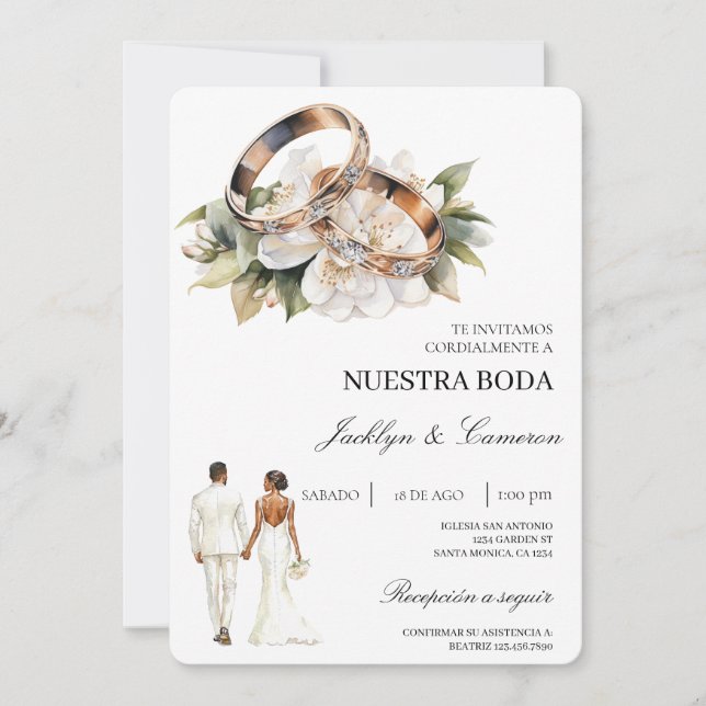 Invitation White Floral with ring Spanish Wedding (Devant)