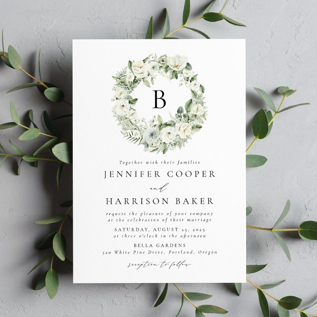 Invitation White Flowers and Greenery Monogram Wedding (Créateur téléchargé)