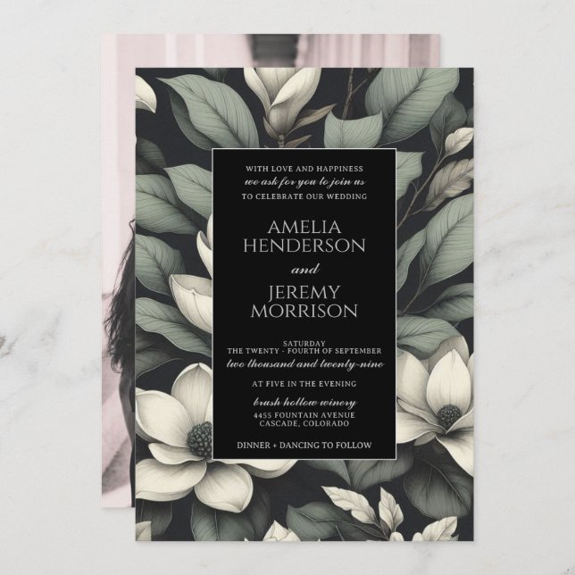 Invitation White Flowers and Greenery Wedding (Devant / Derrière)