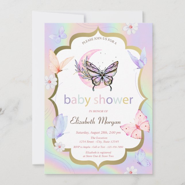 Invitation White Flowers Butterflies Holographic Baby Shower  (Devant)