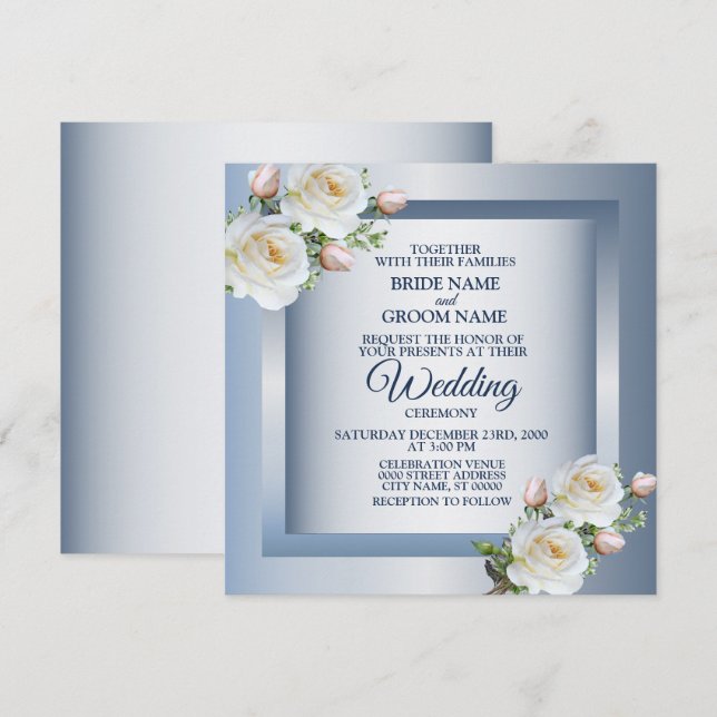 Invitation White Flowers Elegant Blue Gray Wedding (Devant / Derrière)