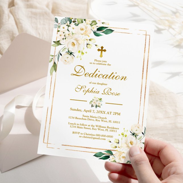 Invitation White Flowers & Gold Frame Girl Dedication (Créateur téléchargé)