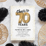 Invitation White Gold 70th Birthday Party<br><div class="desc">Elégante invitation de fête de soixante-dixième anniversaire avec un simple arrière - plan blanc qui peut être changée à n'importe quelle couleur,  parties scintillant brillante or,  soixante-dix ballons d'hélium or,  et un moderne modèle de texte de célébration de 70e anniversaire qui est facile à personnaliser.</div>