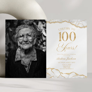 Invitation White Gold Agate Photo 100e fête d'anniversaire
