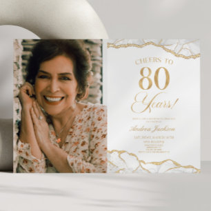 Invitation White Gold Agate Photo 80e fête d'anniversaire
