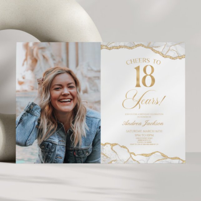 Invitation White Gold Agate Picture 18th Birthday Party (Créateur téléchargé)