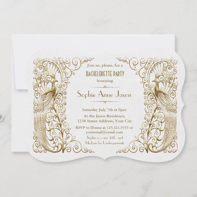 Invitation White Gold Art Deco Peacock Bachelorette (Devant)