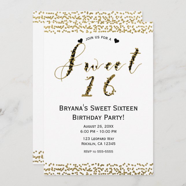 Invitation White Gold & Black Chic Sweet 16 Anniversaire (Devant / Derrière)