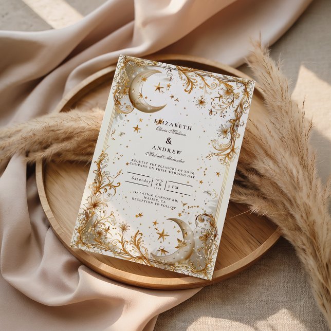 Invitation White Gold Celestial Moon & Stars Wedding (Créateur téléchargé)