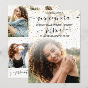 Invitation White Gold Confetti Photo Collage Quinceañera