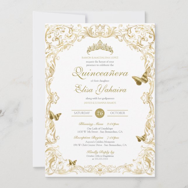 Invitation White Gold Elegant Baroque Regal Quinceanera (Devant)