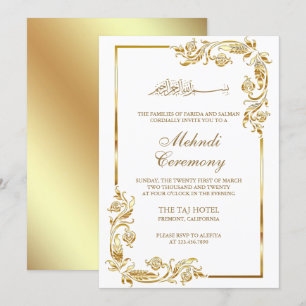 Invitation White Gold Floral Frontière Islamique Mehndi Cérém