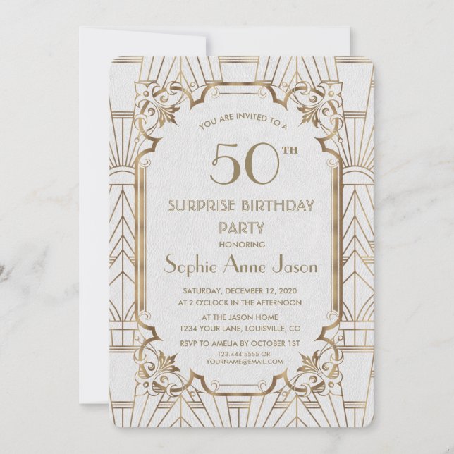 Invitation White Gold Great Gatsby Art Déco 50 Anniversaire (Devant)