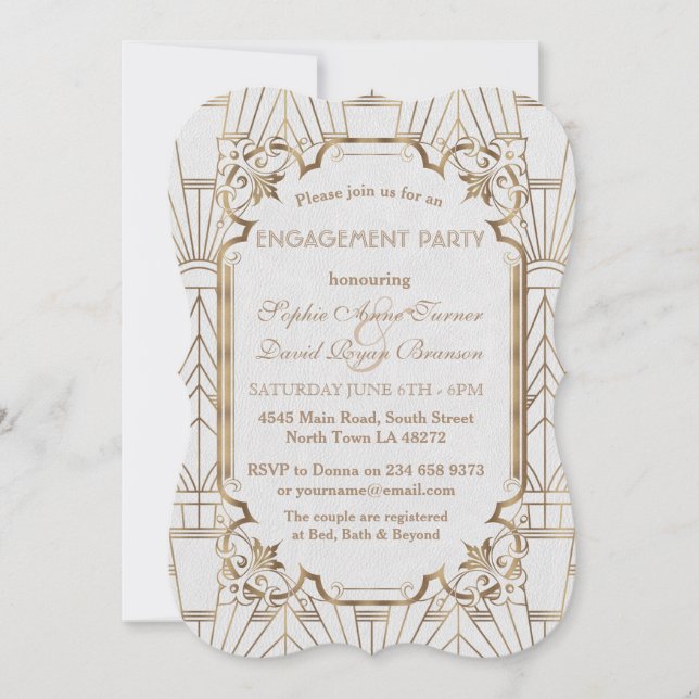 Invitation White Gold Great Gatsby Art Deco Engagement Party (Devant)
