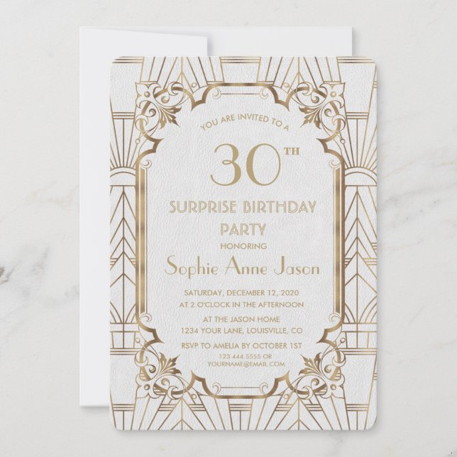 Invitation White Gold Great Gatsby Art Déco fête d'anniversai (Devant)