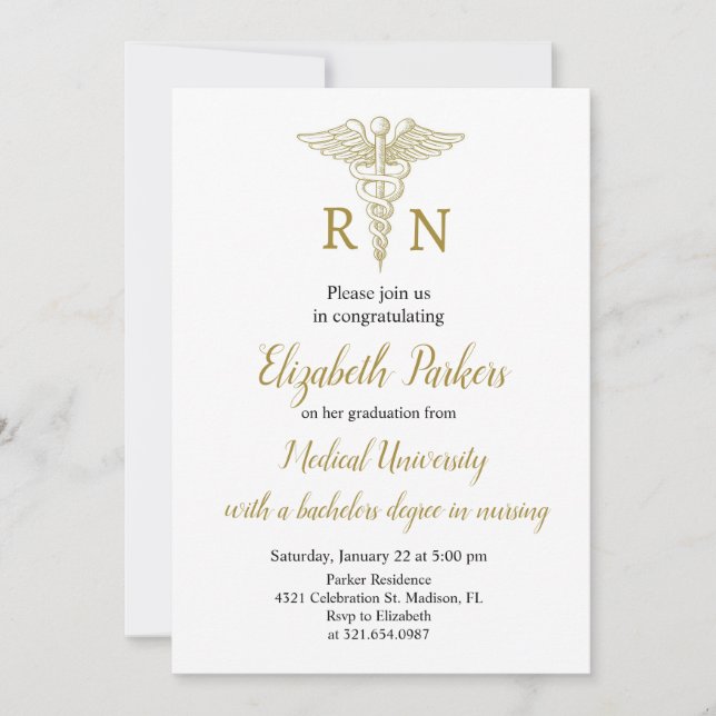 Invitation White Gold Nursing Graduation Party (Devant)