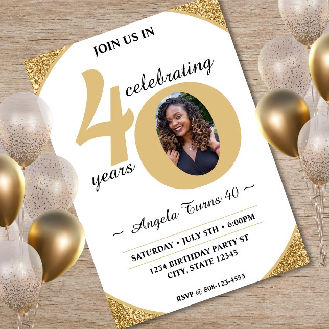 Invitation White & Gold Parties scintillant 40 Cinquante ans  (White & Gold Glitter 40 Fifty Years 40th Birthday Invitation)