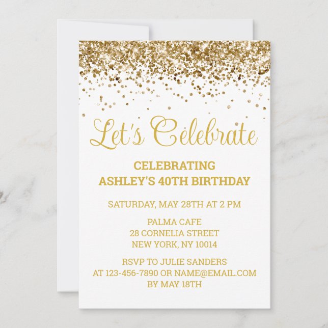 Invitation White & Gold Parties scintillant 40e anniversaire  (Devant)