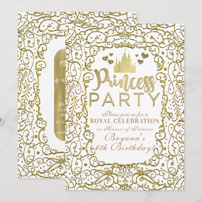 Invitation White & Gold Royal Castle PRINCESS PARTY Anniversa (Devant / Derrière)