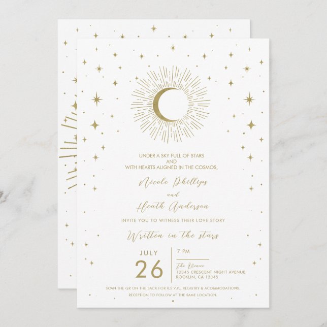 Invitation White Gold Stars Celestial Sunburst Mariage photo (Devant / Derrière)