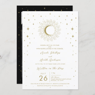 Invitation White & Gold Stars Celestial Sunburst Moon Mariage