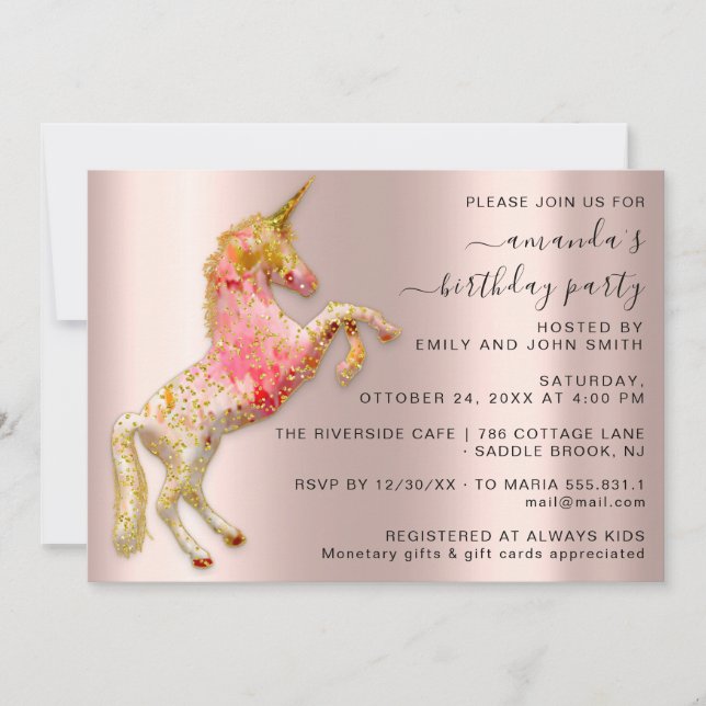 Invitation White Gold Unicorn Horse fête d'anniversaire uniqu (Devant)