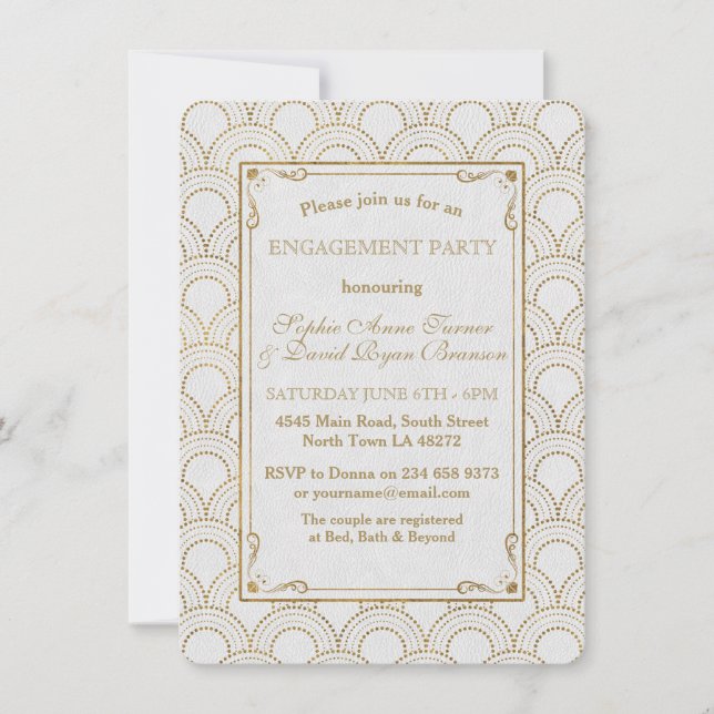 Invitation White Great Gatsby Art Déco Gold Engagement Party (Devant)