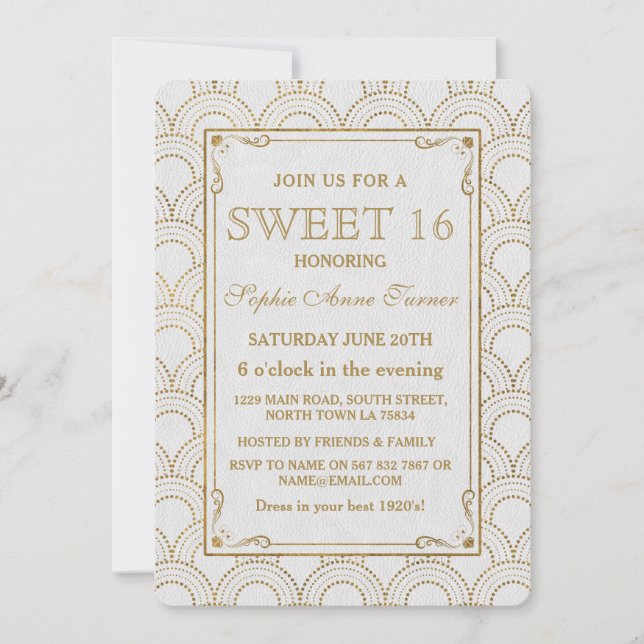 Invitation White Great Gatsby Art Déco Gold Sweet 16 Invitati (Devant)