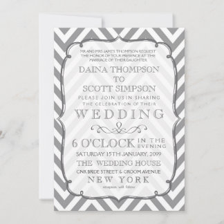 Invitation White Grey Typographie moderne Chevron Mariage