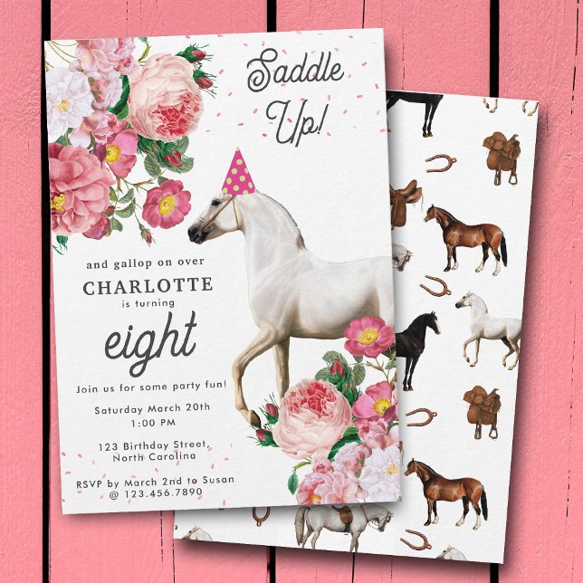 Invitation White Horse Pink Floral Girl Cowgirl Birthday (White Horse Pink Floral Girl Cowgirl Birthday Invitation)