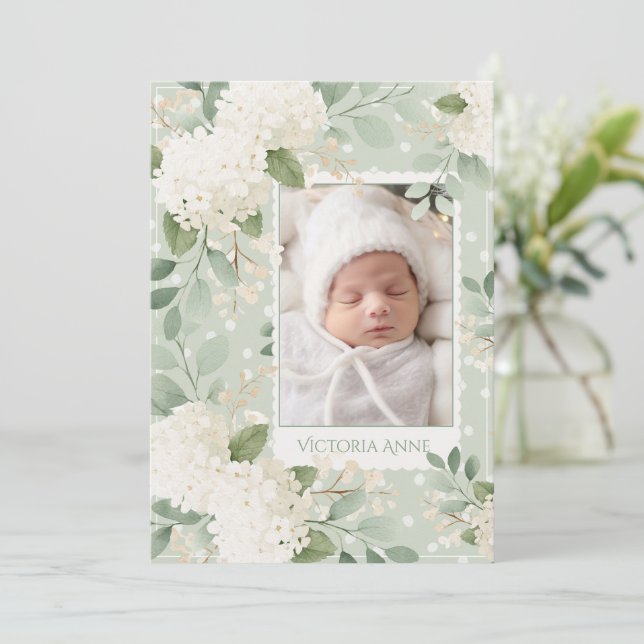 Invitation White Hydrangeas Vintage Baby Birth Announcement (Debout devant)