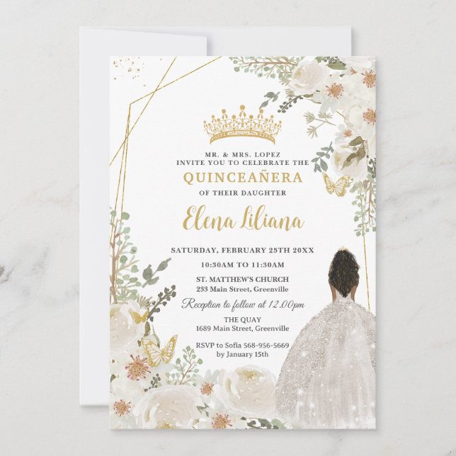 Invitation White Ivory Floral Brown Princess Gold Quinceanera (Devant)